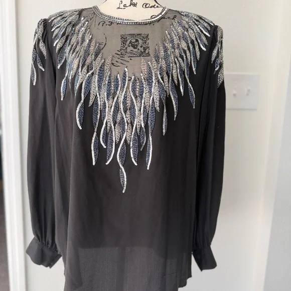 Vtg 90’s Argenti Blouse Mesh 100%Silk Beaded Black Embellished Sz 3XL Whimsigoth - Picture 5 of 16